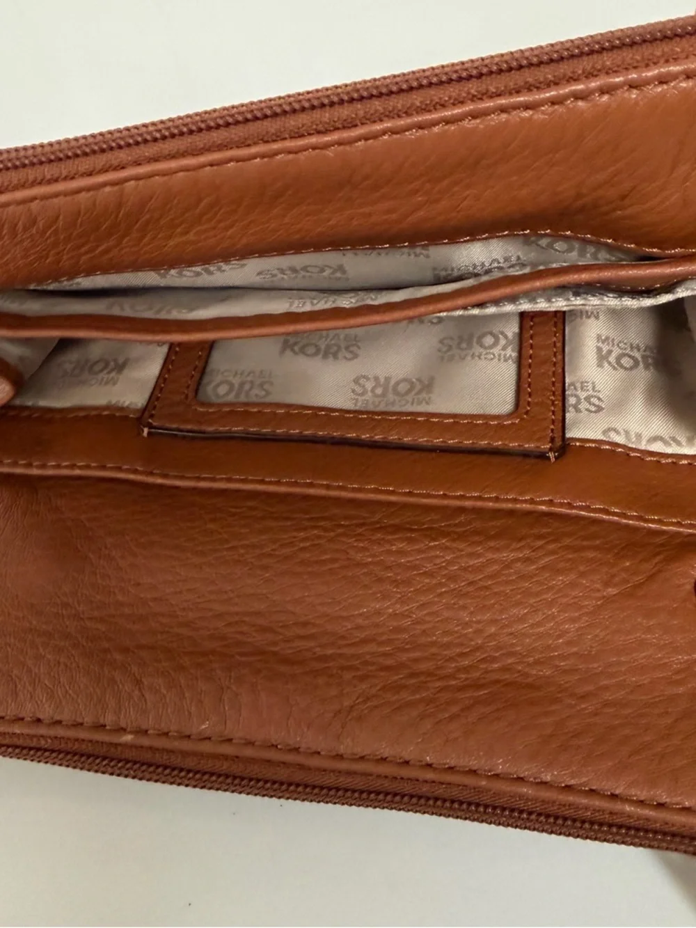 Michael Kors Tan Pebbled Leather Crossbody with Gold MK Emblem